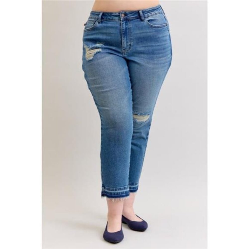 Judy Blue Full Size Mid Rise Bf Patch & Repair Destroy Release‎ Hem Jeans Plus